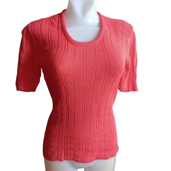 Small Vintage Coral Short-Sleeve Knit Sweater Ribbed T-shirt Scoop Neck 1970's - Picture 1 of 8